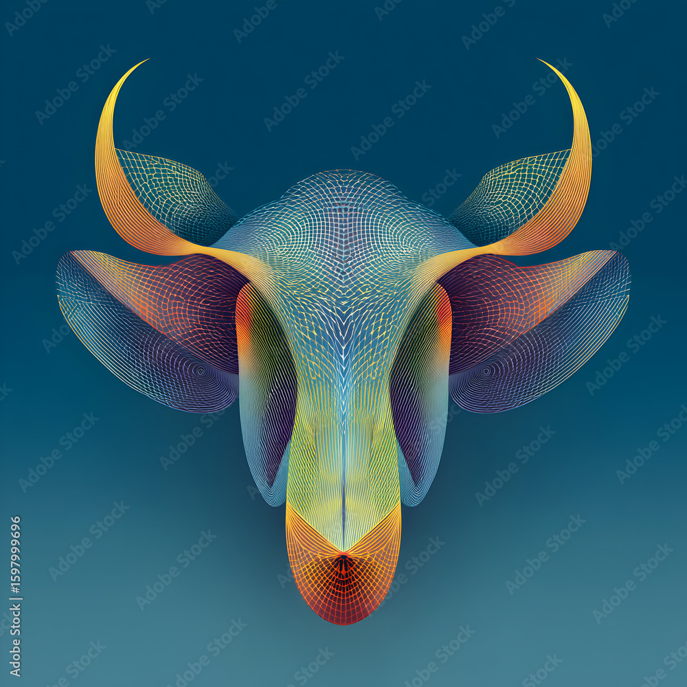 Poster abstract representation of a bull skull with vibrant colors and intricate patterns on a gradient bac
