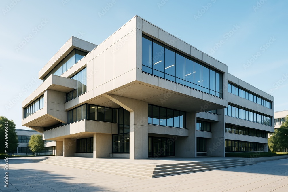 Poster modern office building with minimalist architectural design and large glass windows under clear sky 