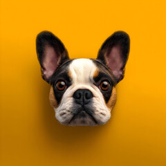 French bulldog head with expressive eyes against a vibrant yellow background, showcasing its playful nature and distinctive features, ideal for dog lovers and pet enthusiasts