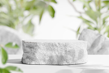 3D Rendering. Naturally Textured Stone Product Display Pedestal with Blurred Green Foliage Background for Organic Product Showcases.