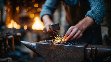 Blacksmith shaping metal at a forge, sparks flying in the warm glow of the fire, showcasing traditional craftsmanship and skillful technique