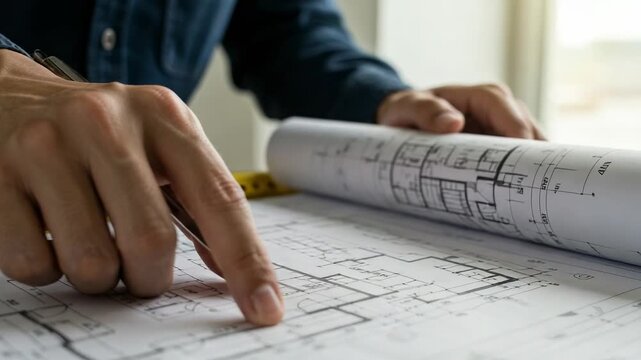 Engineer or architect's hands pointing at a detailed architectural drawing. Construction project planning and design concept.