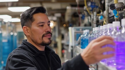 Worker inspecting colorful liquid bottles in a processing facility during daylight hours