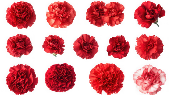 Assorted red carnation flower heads isolated on white and transparent background