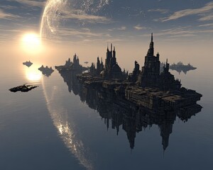 Floating City Metropolis At Sunrise