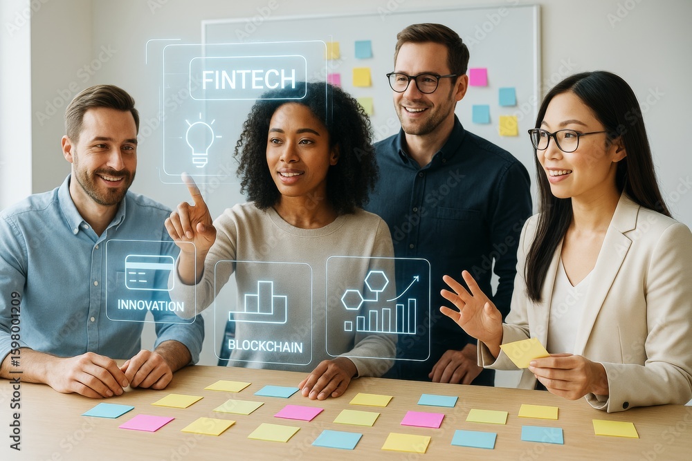 Poster diverse business team brainstorming fintech innovation and blockchain strategy using futuristic digi