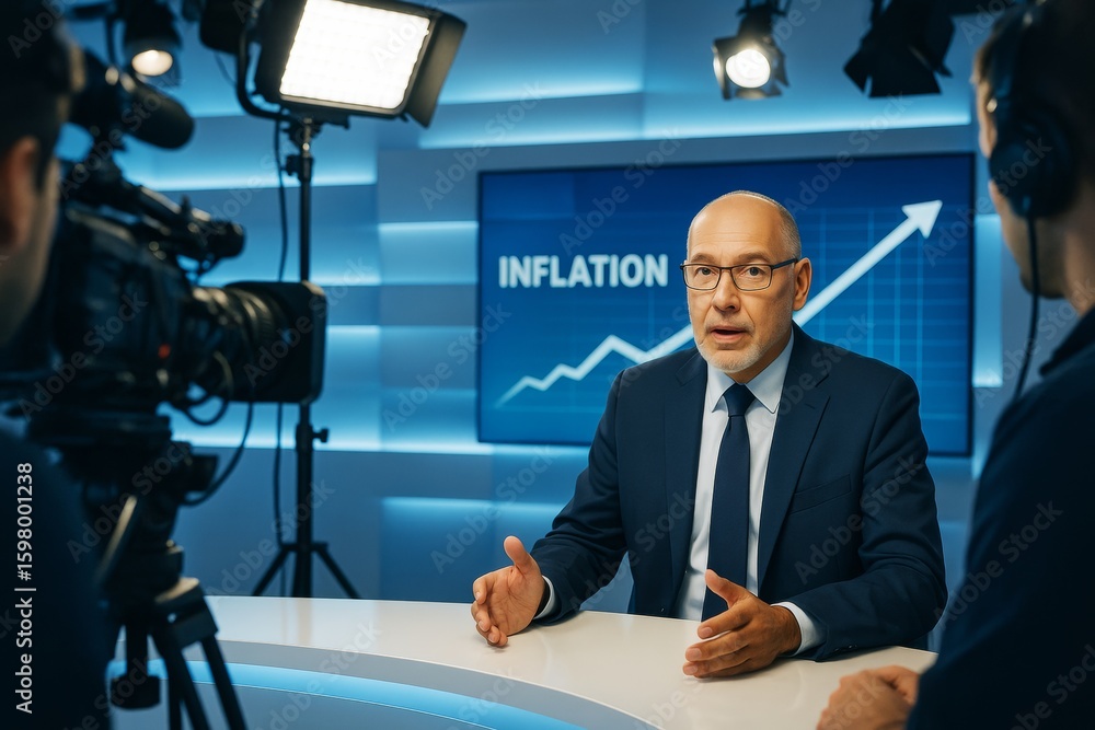 Aufkleber business analyst discussing inflation trends on live tv broadcast in a brightly lit studio with fina