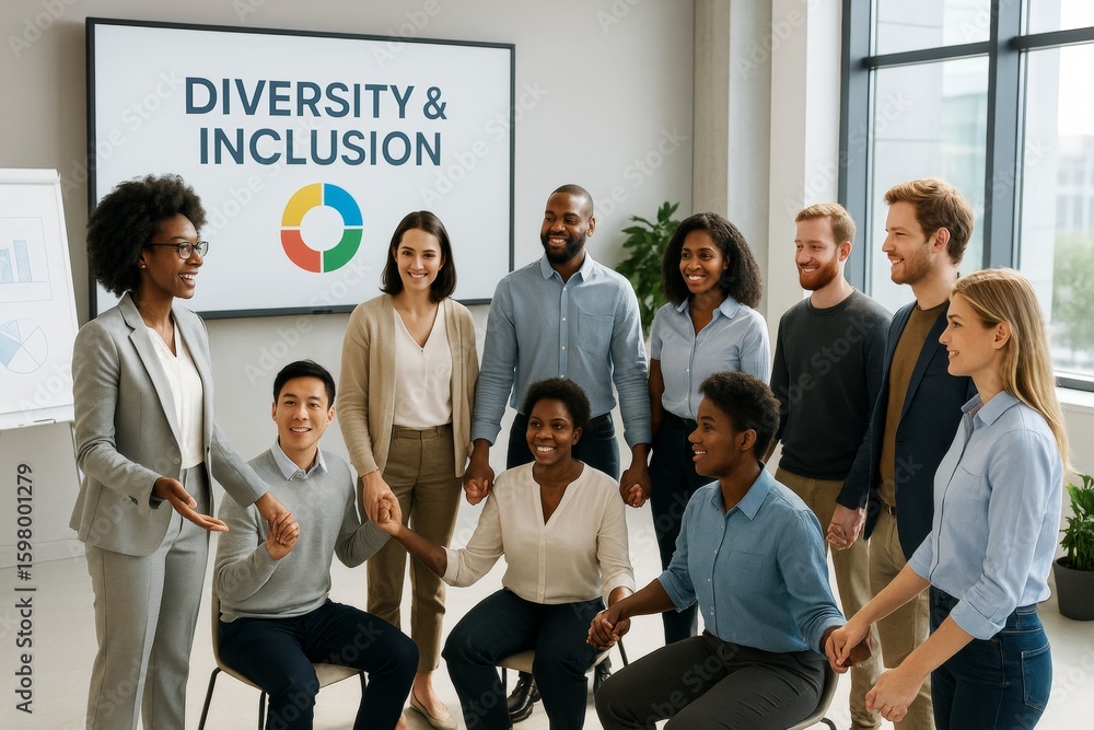 Poster diverse business team holding hands during a corporate meeting on diversity and inclusion in modern 