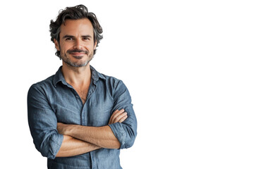 Portrait of 30 years old smiling man looking at camera with crossed arms. Happy boy standing in creative office. Successful businessman standing in white background PNG