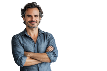 Portrait of 30 years old smiling man looking at camera with crossed arms. Happy boy standing in creative office. Successful businessman standing in white background PNG