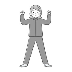 ガッツポーズするシニア女性 モノクロ