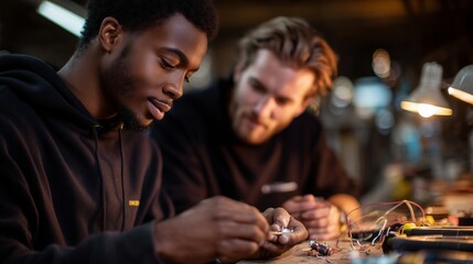 Two individuals repair electronic components in a workshop during the evening while engaging in focused conversation