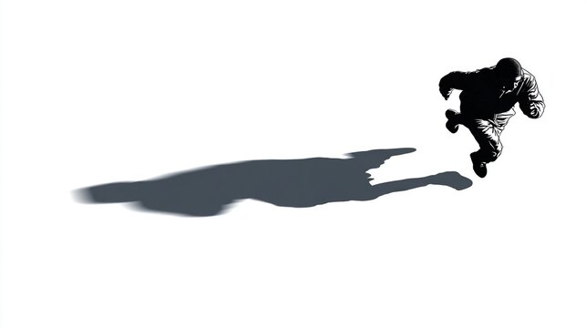 Top-down view of a person in silhouette, running and casting a long shadow on a stark white background