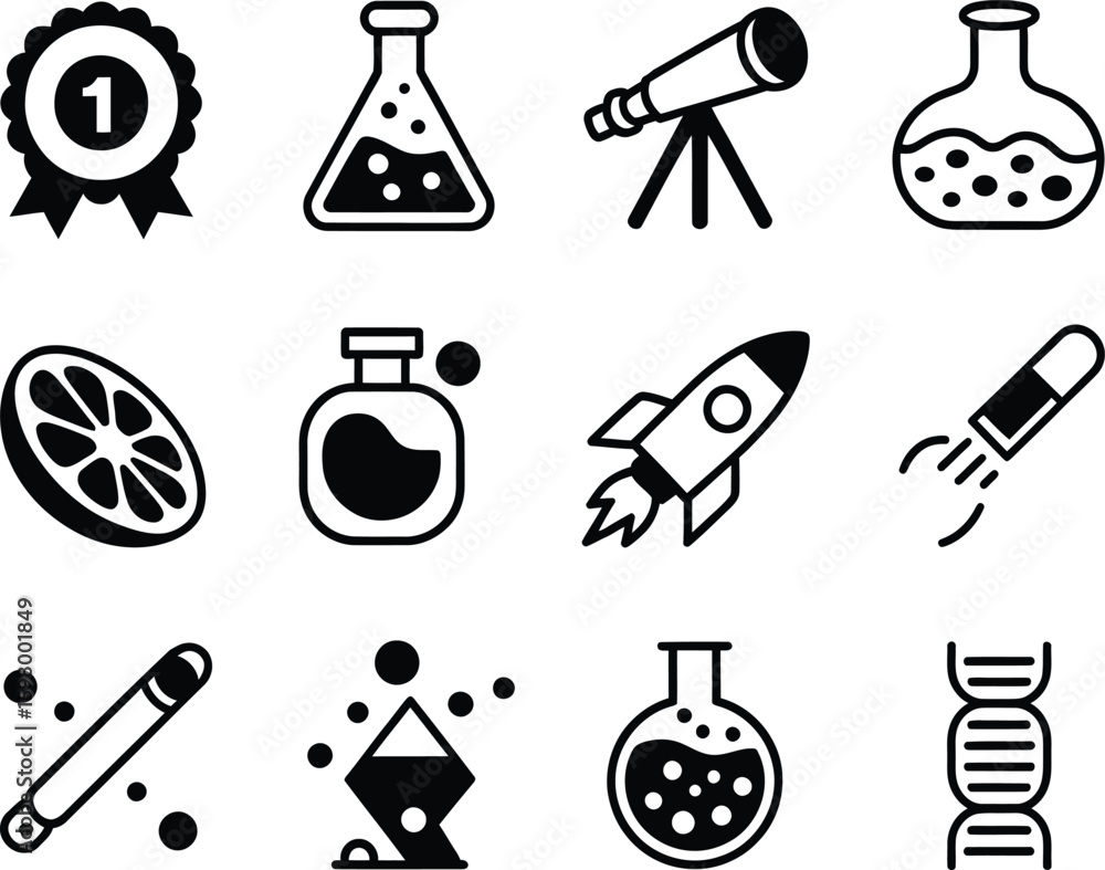Poster collection of science and research icons in a simple line art style