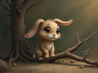 Cute cartoon bunny alone in forest with a sad expression and soft light. Generative AI