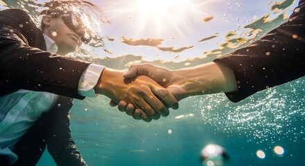 This striking image of real people solidifying a deal underwater symbolizes a deep level of trust and shared risk, suggesting a forward-thinking approach to teamwork and sustainability within the busi