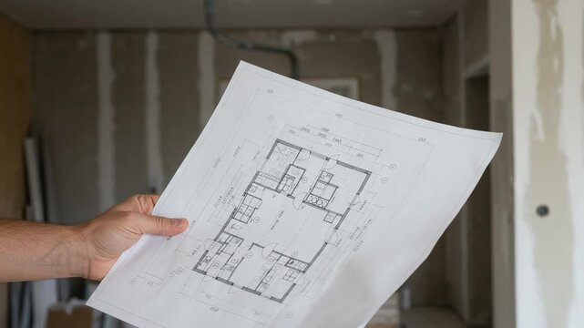 A man's hand holds a blueprint of a house plan against the background of a room under construction.