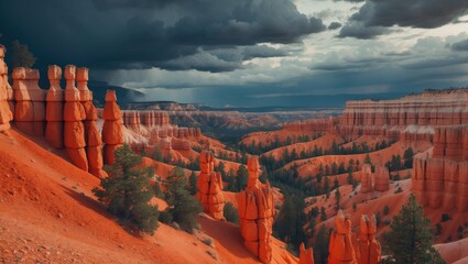 Vivid Bryce Canyon landscape with hoodoos, red rock formations, evergreen trees, and dramatic cloudscape.