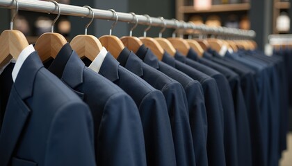 Dark blue suits hanging on wooden hangers in a tailored clothing store