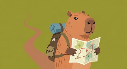 A capybara with a backpack and map, planning its journey on a trail.
