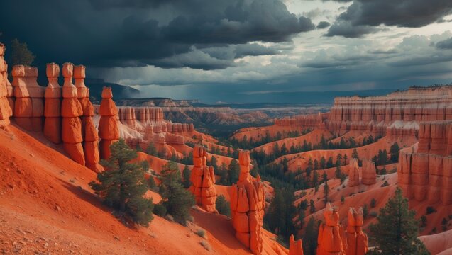Vivid Bryce Canyon landscape with hoodoos, red rock formations, evergreen trees, and dramatic cloudscape.