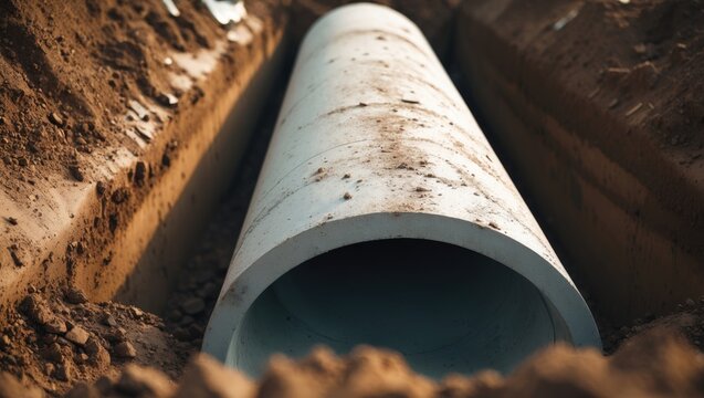 Large pipe in the dirt trench for underground installation. New construction, infrastructure, civil engineering, pipeline, city planning, utilities, excavation, construction work.