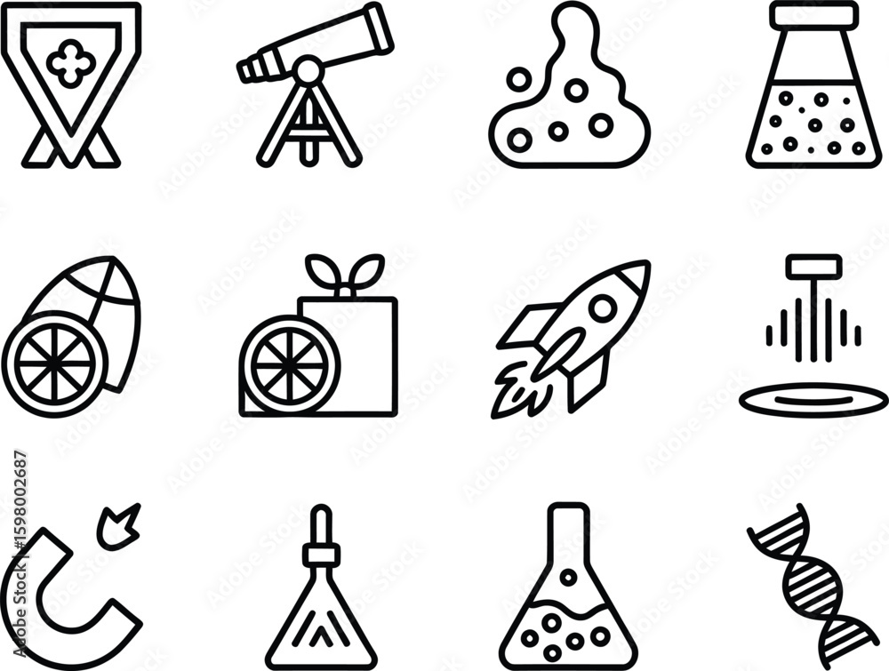 Aufkleber collection of science and technology icons in a simple line art style