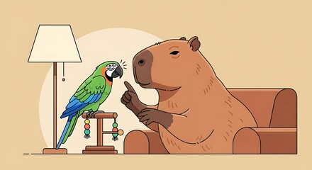 Cartoon depiction of a capybara sitting in a chair, talking to a parrot perched on a stand.