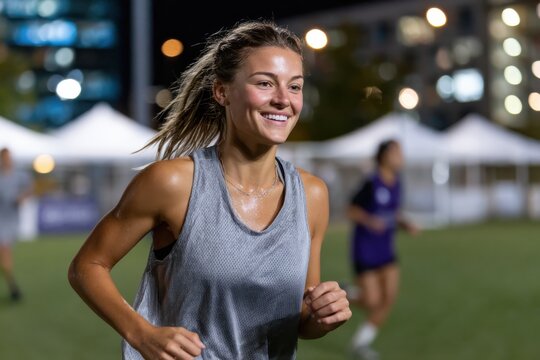 A youthful woman enjoys a spirited run on the soccer field, showcasing her athleticism and enthusiasm for fitness during evening practice sessions with dynamic lighting.