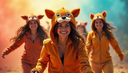 Pool party with playful friends in bright animal costumes celebrating in colorful environment