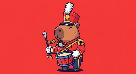 A cheerful capybara, dressed in a vibrant red military band uniform, plays a drum with a baton.