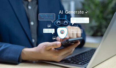 User interacting with AI powered chatbot on smartphone, virtual assistant app interface, intelligent support system, digital communication and machine learning technology concept.