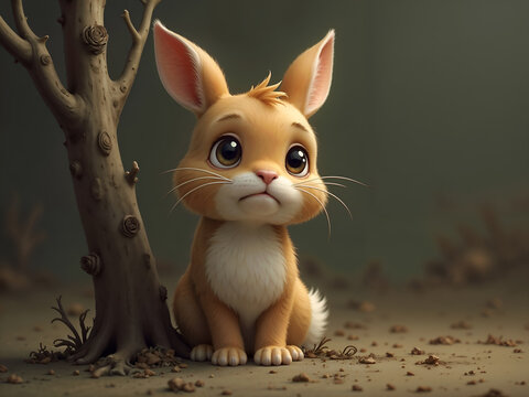 Cute cartoon bunny alone in forest with a sad expression and soft light. Generative AI - Powered by Adobe