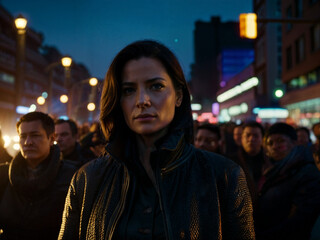 Obraz premium Woman in black leather jacket stands in crowd, protest demonstrations on brightly lit city street at night, glowing buildings, neon lights and atmospheric urbanism around