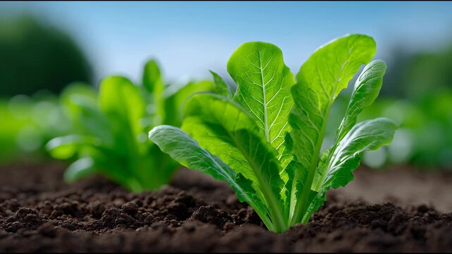Fresh romaine lettuce growing in rich soil under sunny skies