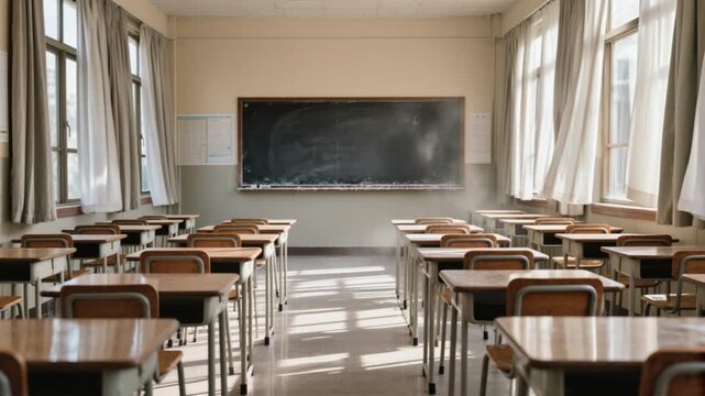 The static view of an empty classroom. Curtains flutter in the breeze. Chalk dust drifts under the blackboard.
