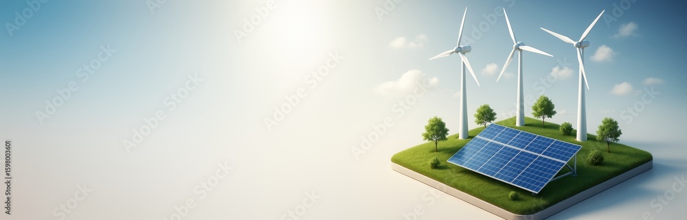 Aufkleber sustainable energy concept with solar panels and wind turbines on grassy platform beside clean light