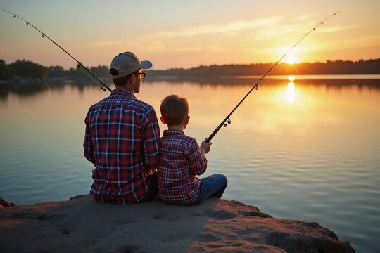 Fishing at sunset, father and son bonding by the lake in casual attire, creating lasting memories