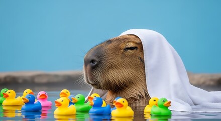 A capybara relaxing in water, draped with a towel, surrounded by rubber duckies.