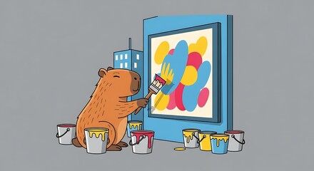 A cartoon capybara artist paints colorful abstract shapes on a large canvas, surrounded by paint buckets.