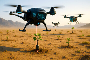 Futuristic Drones Planting Trees in Desert Landscape, AI-Powered Eco Reforestation with Smart Technology and Green Innovation
