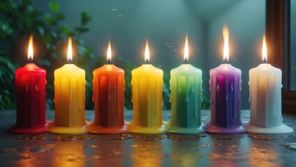 Colorful candles with lit flames in a row, reflected on a surface. Celebration, candles, and reflections. The idea of warmth and festivities.