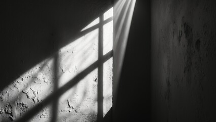 Sunlight streaming through a window casting shadows on a textured wall. Light and shadow, interior space, minimalistic. The concept of illumination and contrast.
