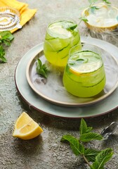 Refreshing drink, cucumber lemonade in glass cups with ice, lemon and cucumber slices on green concrete background. Homemade lemonades.