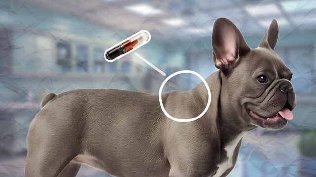 The example of a French bulldog shows the location of the dog chipping and the chip itself. The concept of chipping. Empty space for text. Smooth animation on color paper background