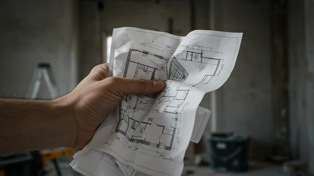 Close up of a man's hand holding a crumpled blueprint. Architect or builder reviewing a floor plan on a construction site during home renovation.