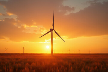 Obraz premium field of wind turbines silhouetted against vibrant orange sunset sky. renewable energy and environmental sustainability theme. nature, landscape photography, industry.