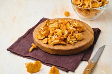 Fresh chanterelles on a round wooden board on a light concrete background. Wild mushrooms, gifts of...