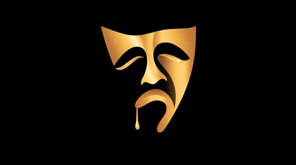 A golden theatrical mask, tear-shaped, depicting a sorrowful face against a stark black backdrop; elegant, minimalist design