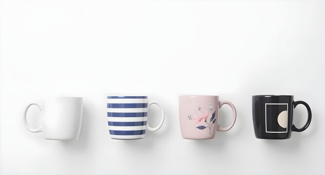 Four ceramic mugs with different designs arranged in a row on a white background for kitchen or drinkware concepts.